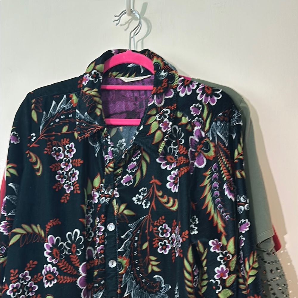 Velvet Button-Up Floral Tunic Shirt
